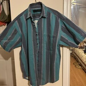 Men's 90s Santana Teal and Gray Striped Casual Button Down Shirt